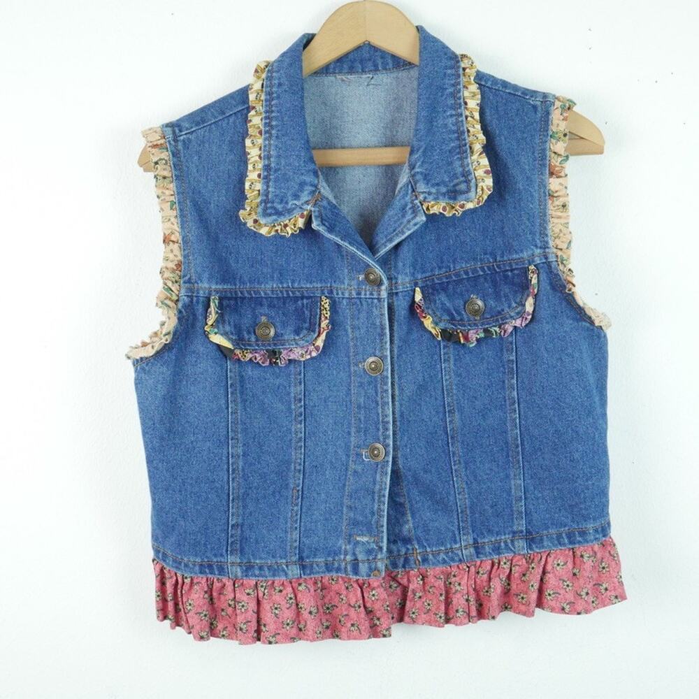 Vintage Denim Vest Cottagecore Prairie Western Ruffle‎ 90s M L Granny Floral